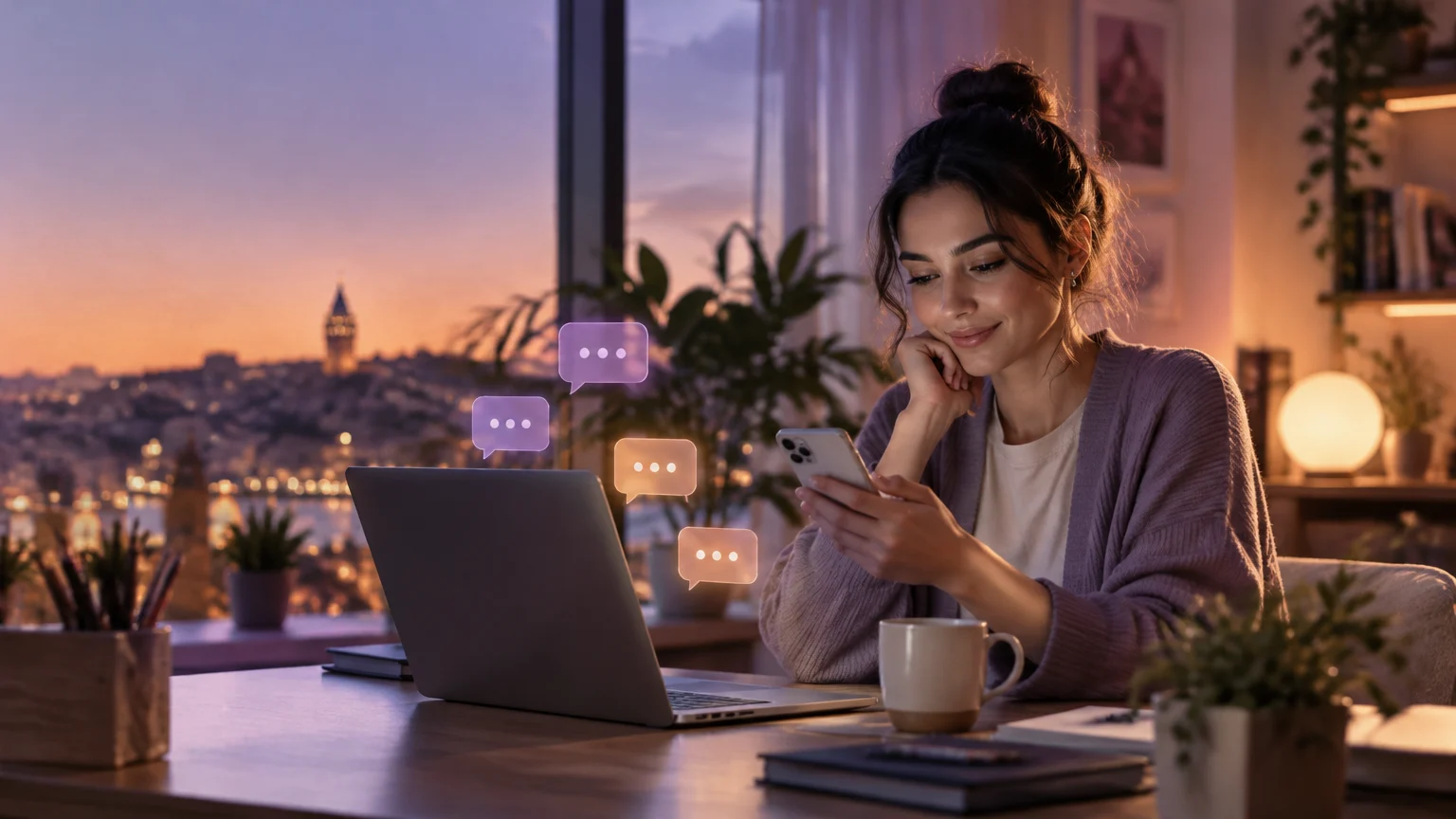 Akşam ev ofisinde telefonundan gelen müşteri mesajlarını yanıtlayan bir işletme sahibi