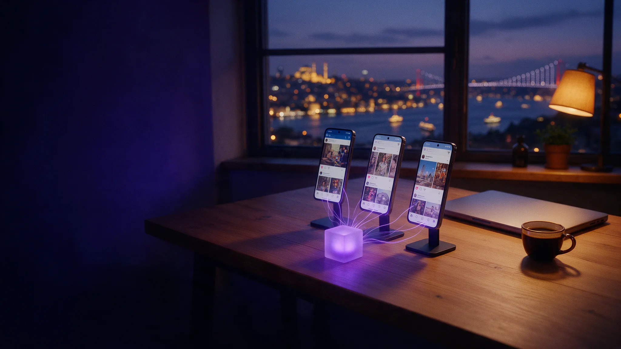Masada farklı reklam akışları gösteren üç telefon ve onlara bağlanan parlayan bir küp